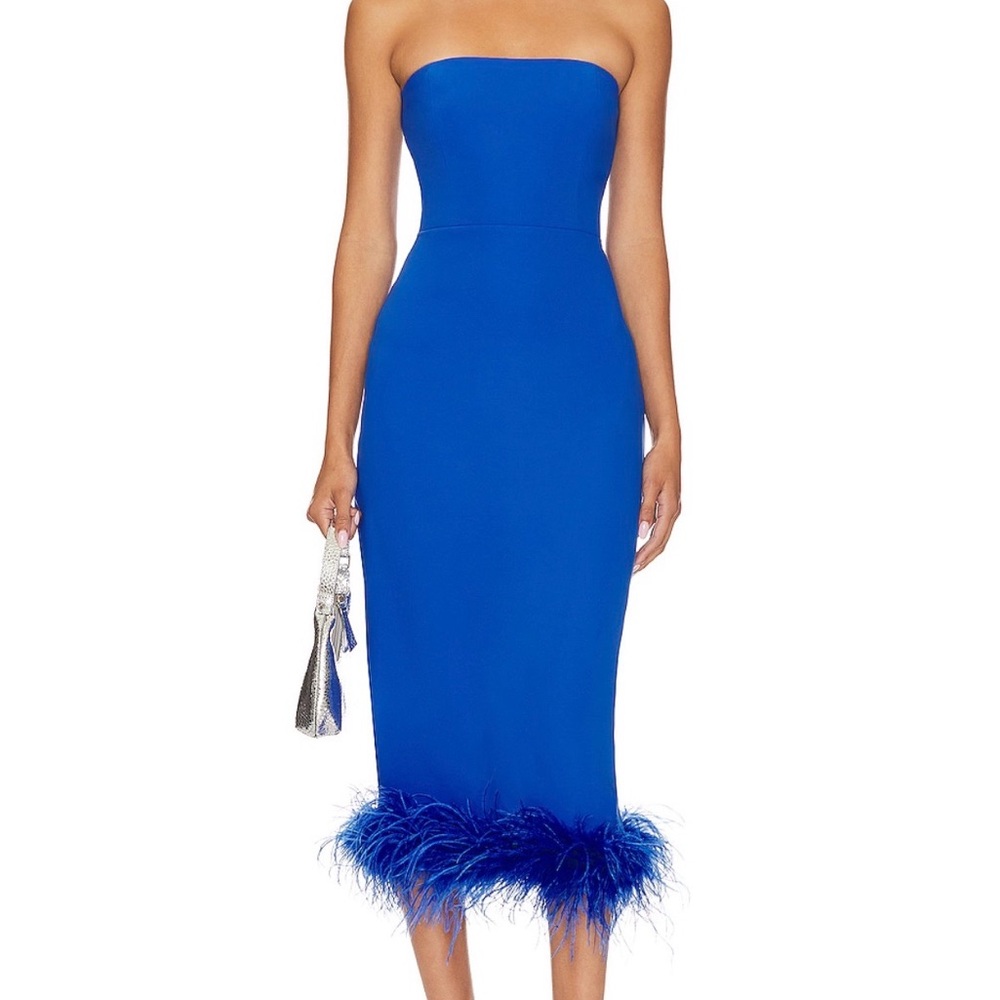 Amanda Uprichard Cobalt Blue Strapless Feather-Hem Midi Dress